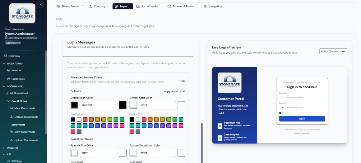 Example branded customer portal home screen