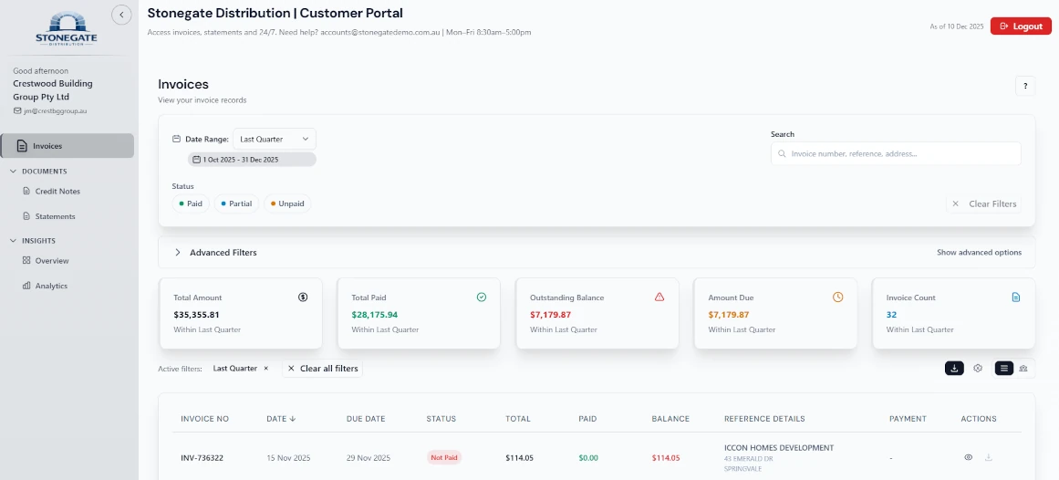 Example InvoicePortalX customer account screen showing demonstration invoices, balances, search and download controls